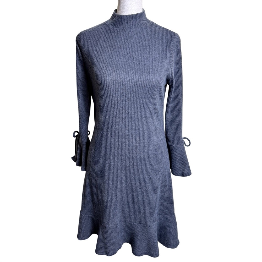 LC Lauren Conrad Mock Neck Swing Dress S Grey Ribbed Flare Cuff Mini NWT - Picture 1 of 9